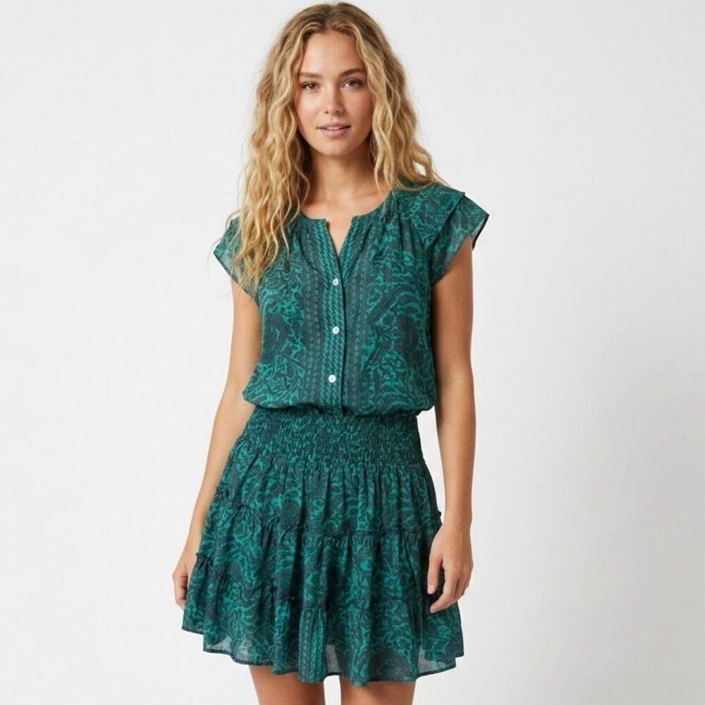 NWOT Perry Walker Collective Jenny Silk Mini Dress Green Floral Smocked Medium